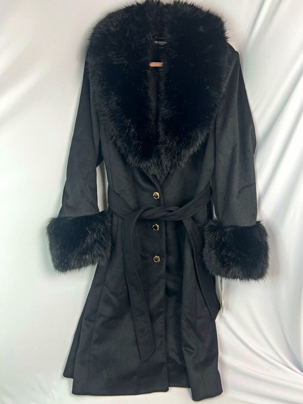 NWT Karl Lagerfeld Paris Wool Blend Faux Fur Trim Panel Coat Black XL LWQMW690
